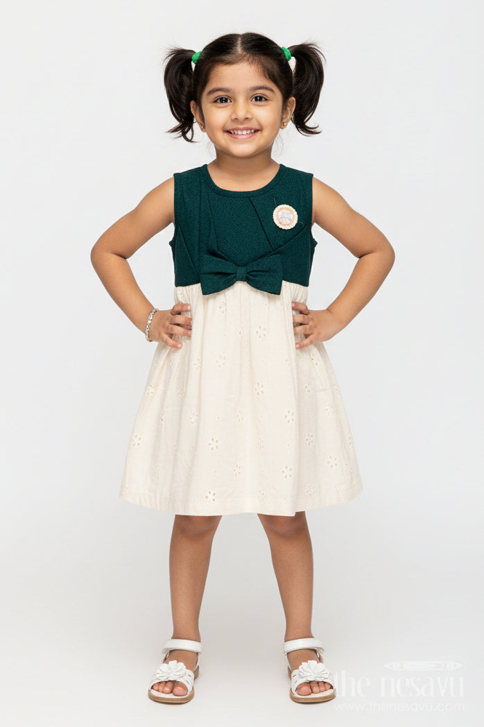 The Nesavu Girls Cotton Frock Baby Girl Hakoba Cotton Frock with Green Yoke for Casual and Festive Wear Nesavu 20 (3Y) / Green GFC1933A-20 Nesavu baby girl Hakoba cotton frock green yoke bow detail festive wear