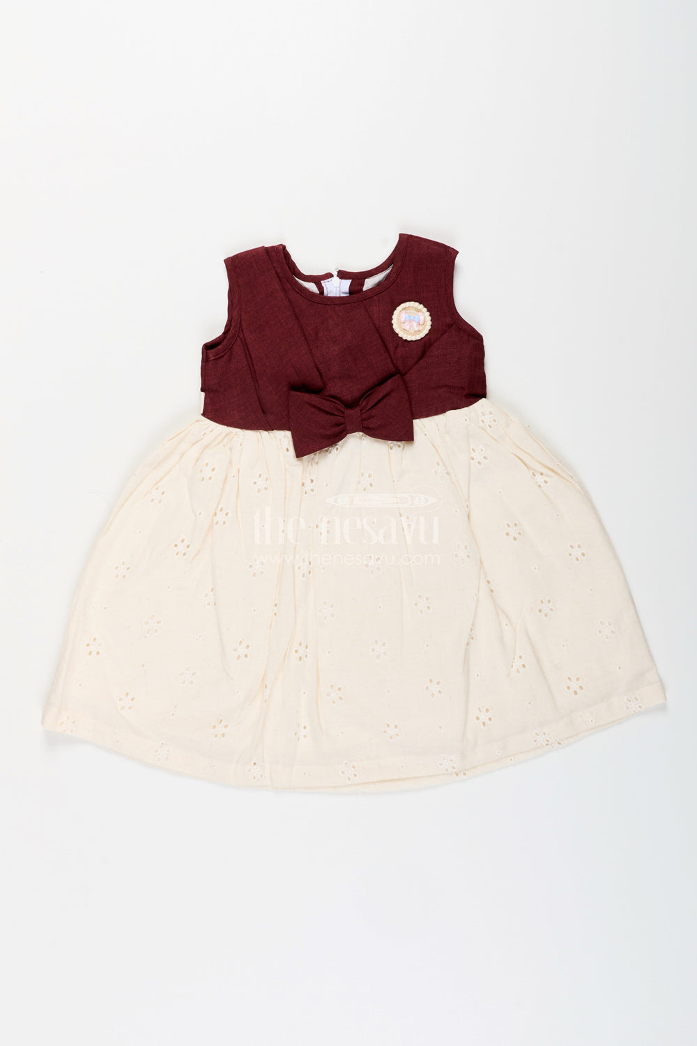 The Nesavu Girls Cotton Frock Baby Girl Hakoba Cotton Frock with Maroon Yoke for Festive and Casual Wear Nesavu 20 (3Y) / Brown GFC1933B-20 Nesavu baby girl Hakoba cotton frock maroon yoke bow detail festive wear