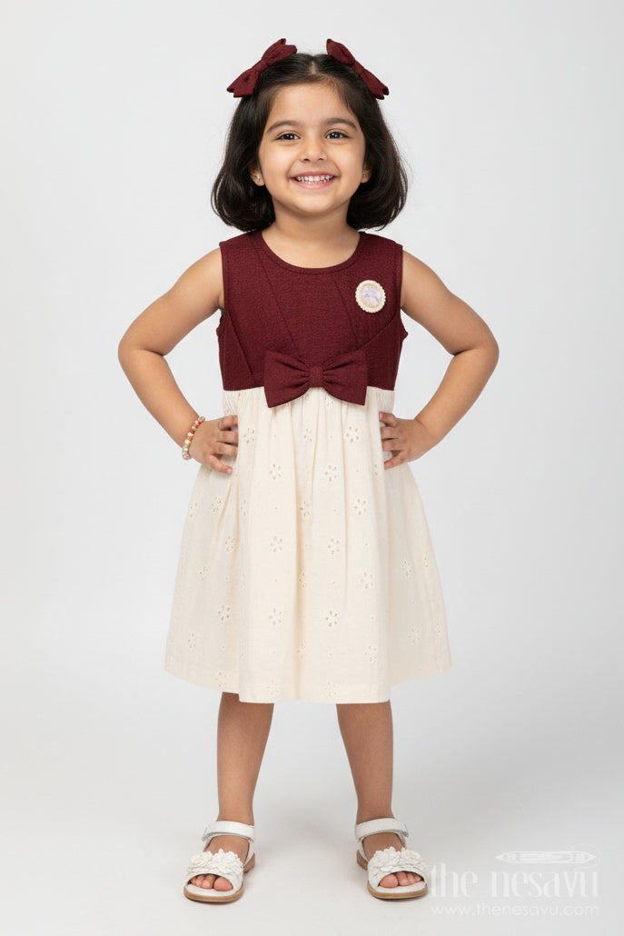 The Nesavu Girls Cotton Frock Baby Girl Hakoba Cotton Frock with Maroon Yoke for Festive and Casual Wear Nesavu 20 (3Y) / Brown GFC1933B-20 Nesavu baby girl Hakoba cotton frock maroon yoke bow detail festive wear