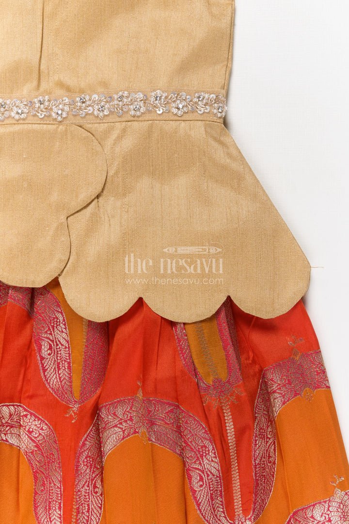 The Nesavu Pattu Pavadai Baby Girl Jacquard Pattu Pavadai Set for Festivals and Temple Wear Nesavu Nesavu baby girl jacquard pattu pavadai with scalloped blouse for temple festivals and weddings