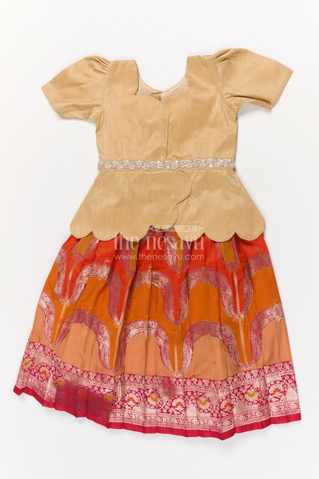 The Nesavu Pattu Pavadai Baby Girl Jacquard Pattu Pavadai Set for Festivals and Temple Wear Nesavu Nesavu baby girl jacquard pattu pavadai with scalloped blouse for temple festivals and weddings