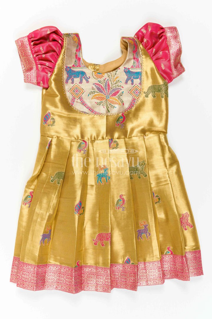 The Nesavu Girls Kanchi Silk Frock Baby Girl Kanchi Silk Frock for Festive Celebrations and Weddings Nesavu 20 (3Y) / Gold / Style 2 KSF050AB-20 Nesavu Baby Girl Kanchi Silk Frock With Artistic Woven Motifs And Festive Small Border