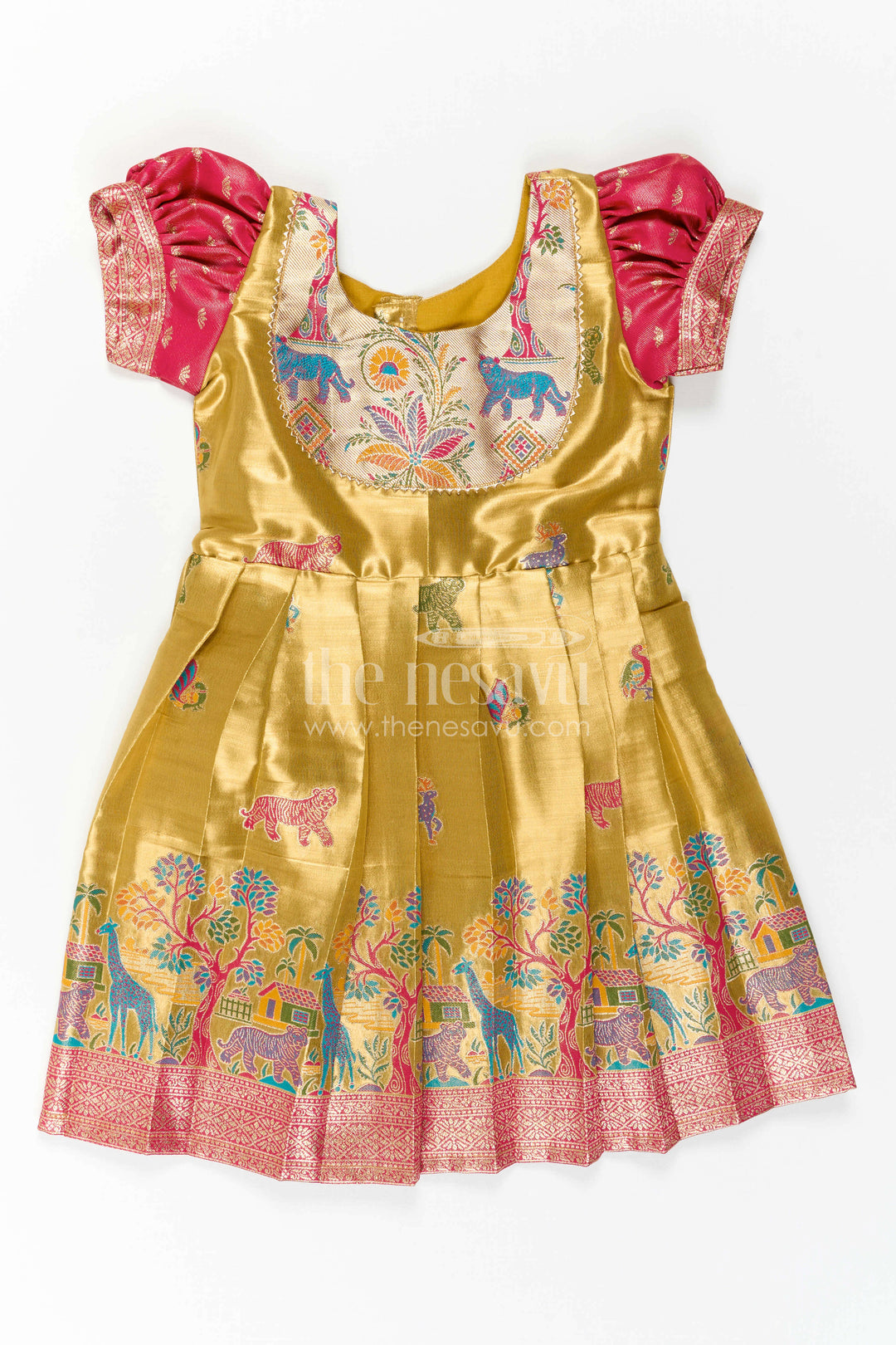 The Nesavu Girls Kanchi Silk Frock Baby Girl Kanchi Silk Frock for Festive Celebrations and Weddings Nesavu 24 (5Y) / Gold / Style 1 KSF050AA-24 Nesavu Baby Girl Kanchi Silk Frock With Artistic Woven Motifs And Festive Small Border