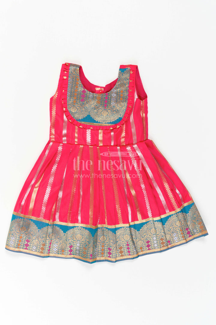 The Nesavu Girls Kanchi Silk Frock Baby Girl Kanchi Silk Frock for Festive Functions and Weddings Nesavu 16 (1Y) / Red / Style 4 KSF046DD-16 Nesavu Baby Girl Kanchi Silk Frock With Woven Stripes And Big Border For Festive Occasions