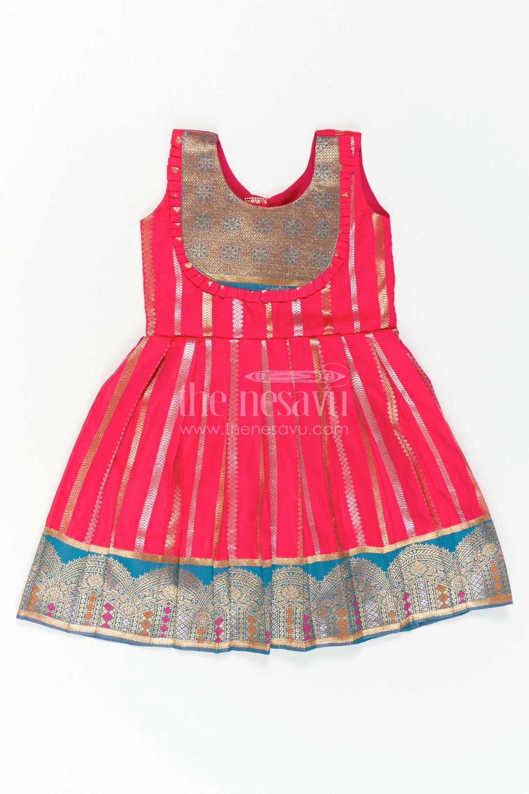 The Nesavu Girls Kanchi Silk Frock Baby Girl Kanchi Silk Frock for Festive Functions and Weddings Nesavu 20 (3Y) / Red / Style 3 KSF046DC-20 Nesavu Baby Girl Kanchi Silk Frock With Woven Stripes And Big Border For Festive Occasions