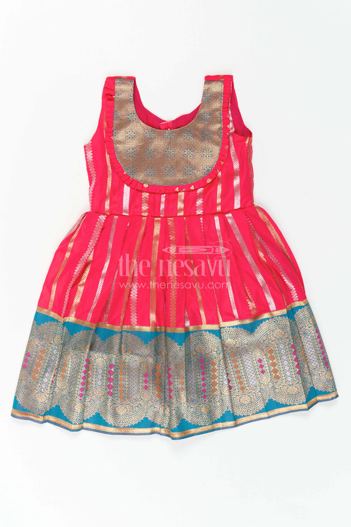 The Nesavu Girls Kanchi Silk Frock Baby Girl Kanchi Silk Frock for Festive Functions and Weddings Nesavu 24 (5Y) / Red / Style 1 KSF046DA-24 Nesavu Baby Girl Kanchi Silk Frock With Woven Stripes And Big Border For Festive Occasions