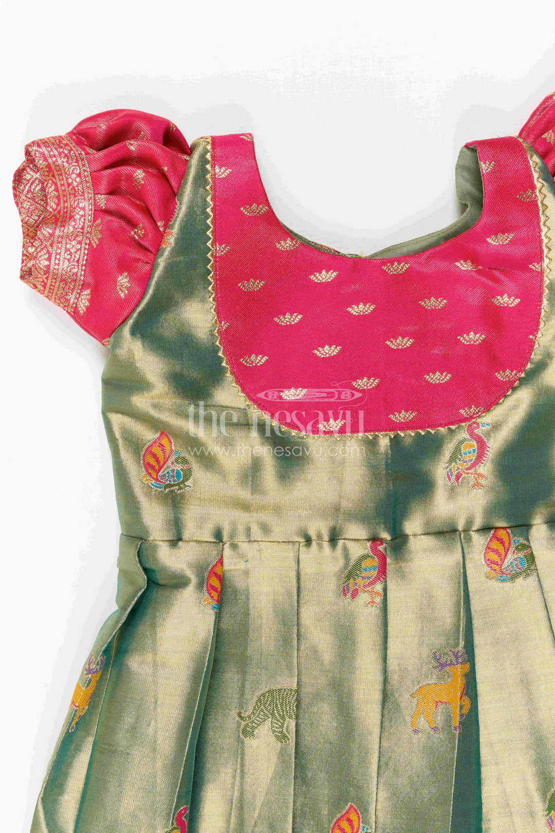 The Nesavu Girls Kanchi Silk Frock Baby Girl Kanchi Silk Frock for Festive Occasions and Weddings Nesavu 18 (2Y) / Green / Style 3 KSF050BC-18 Nesavu Baby Girl Kanchi Silk Frock With Woven Motifs And Festive Small Border Design
