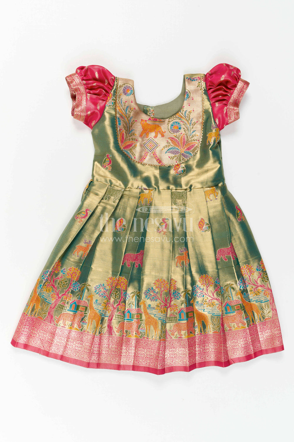 The Nesavu Girls Kanchi Silk Frock Baby Girl Kanchi Silk Frock for Festive Occasions and Weddings Nesavu 24 (5Y) / Green / Style 1 KSF050BA-24 Nesavu Baby Girl Kanchi Silk Frock With Woven Motifs And Festive Small Border Design