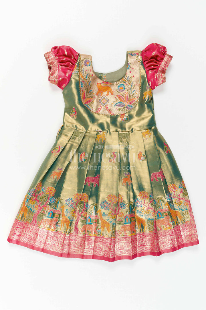 The Nesavu Girls Kanchi Silk Frock Baby Girl Kanchi Silk Frock for Festive Occasions and Weddings Nesavu Nesavu Baby Girl Kanchi Silk Frock With Woven Motifs And Festive Small Border Design