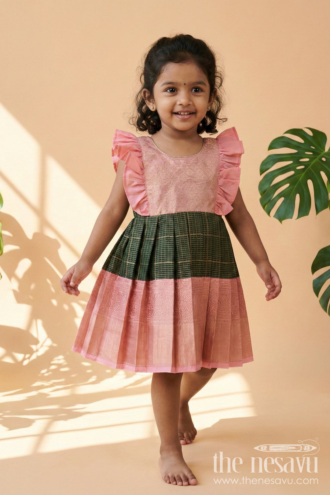 The Nesavu Girls Kanchi Silk Frock Baby Girl Kanchi Silk Frock for Naming Ceremonies and Festive Gatherings Nesavu 10 (NB) / Green / Style 1 KSF034AA-10 Nesavu baby girl Kanchi silk frock for naming ceremonies, poojas, and festive occasions