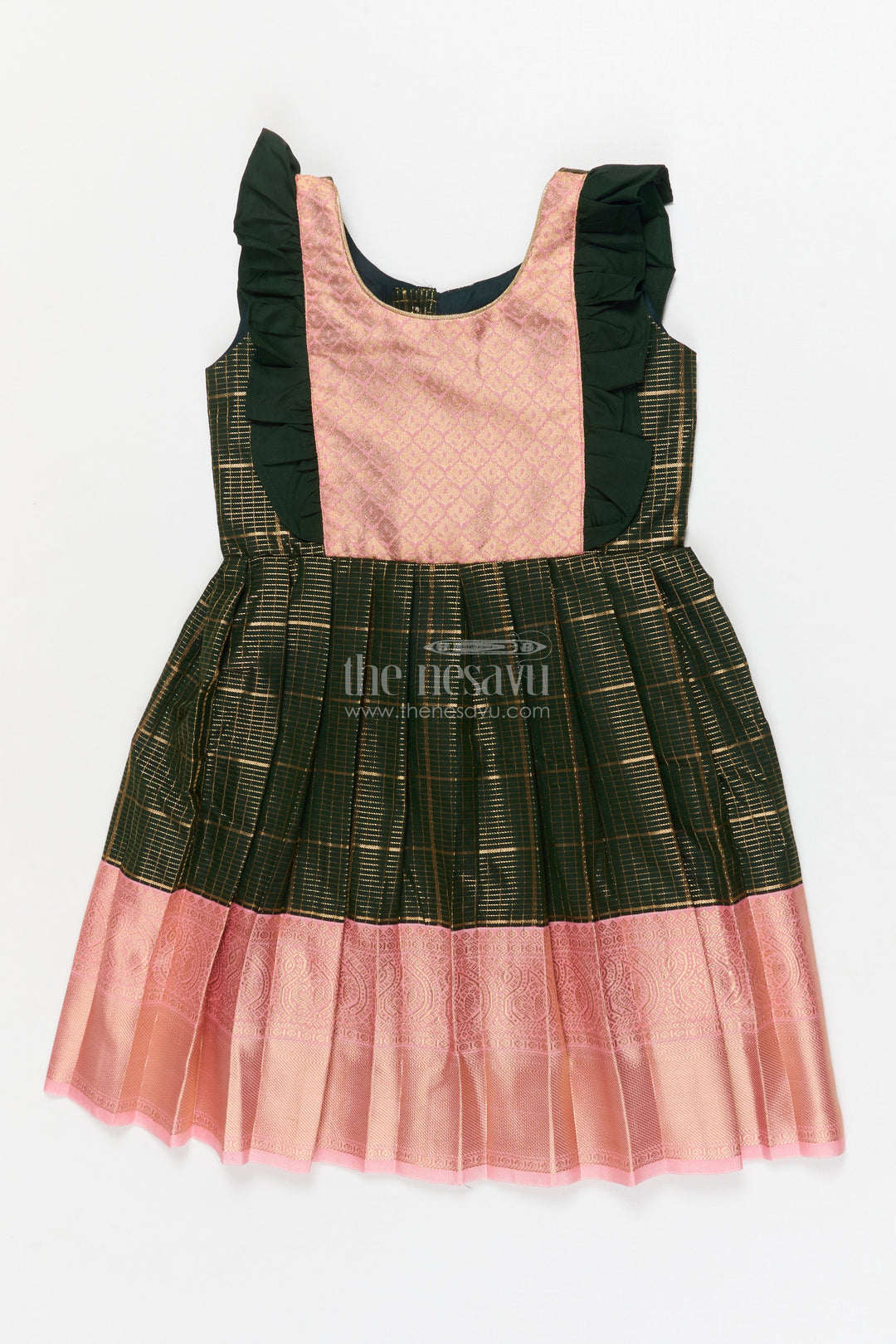 The Nesavu Girls Kanchi Silk Frock Baby Girl Kanchi Silk Frock for Naming Ceremonies and Festive Gatherings Nesavu 22 (4Y) / Green / Style 2 KSF034AB-22 Nesavu baby girl Kanchi silk frock for naming ceremonies, poojas, and festive occasions