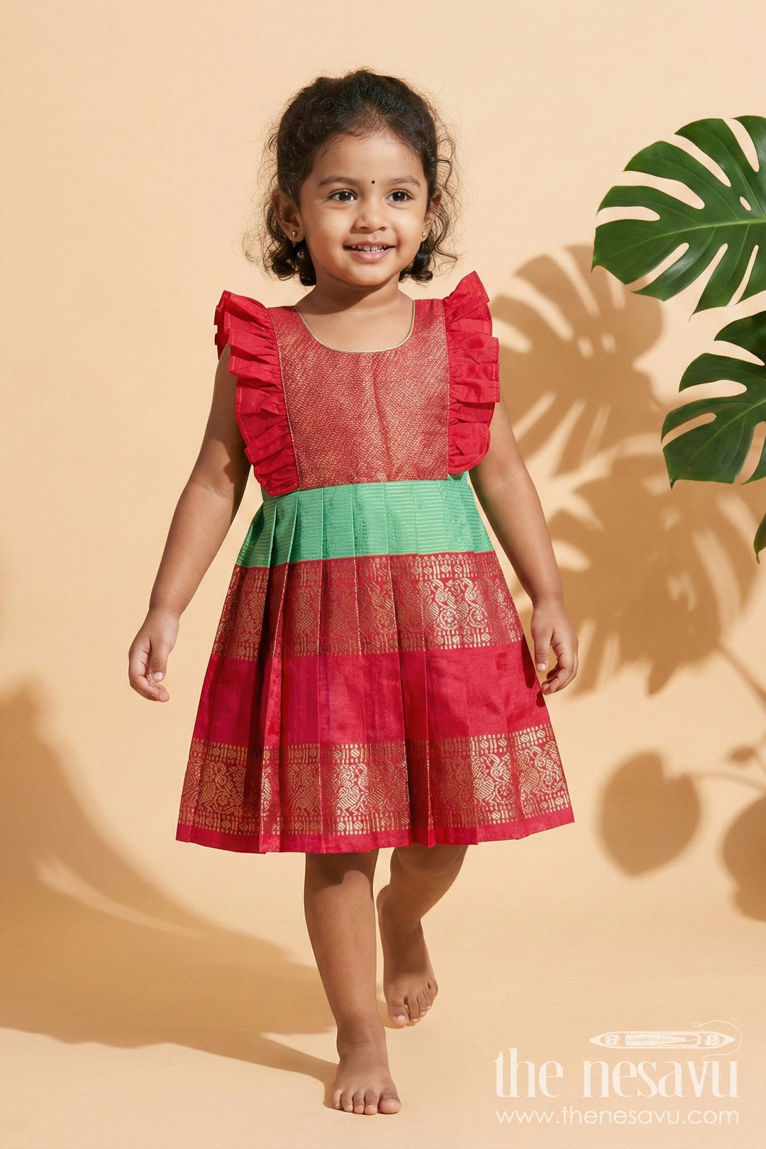 The Nesavu Girls Kanchi Silk Frock Baby Girl Kanchi Silk Frock for Temple Visits and Festive Family Occasions Nesavu 10 (NB) / Red / Style 1 KSF033AA-10 Nesavu baby girl Kanchi silk frock for temple functions, festive days, and traditional ceremonies