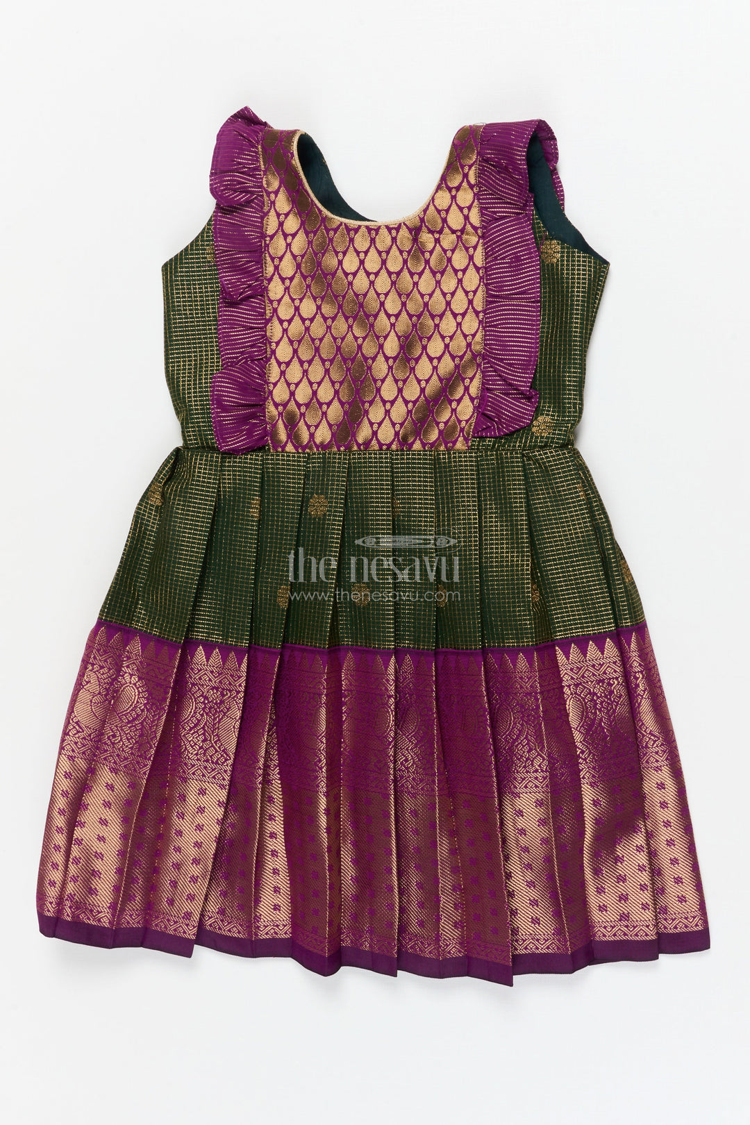 The Nesavu Girls Kanchi Silk Frock Baby Girl Kanchi Silk Frock for Traditional Functions and Temple Visits Nesavu 18 (2Y) / Green / Style 1 KSF006AA-18 Nesavu baby girl Kanchi silk frock for weddings, festivals, and traditional celebrations