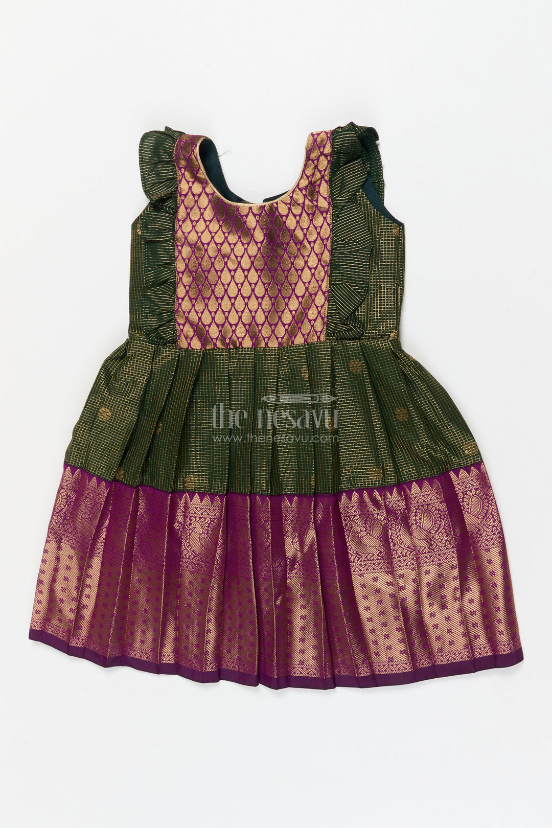 The Nesavu Girls Kanchi Silk Frock Baby Girl Kanchi Silk Frock for Traditional Functions and Temple Visits Nesavu 22 (4Y) / Green / Style 2 KSF006AB-22 Nesavu baby girl Kanchi silk frock for weddings, festivals, and traditional celebrations