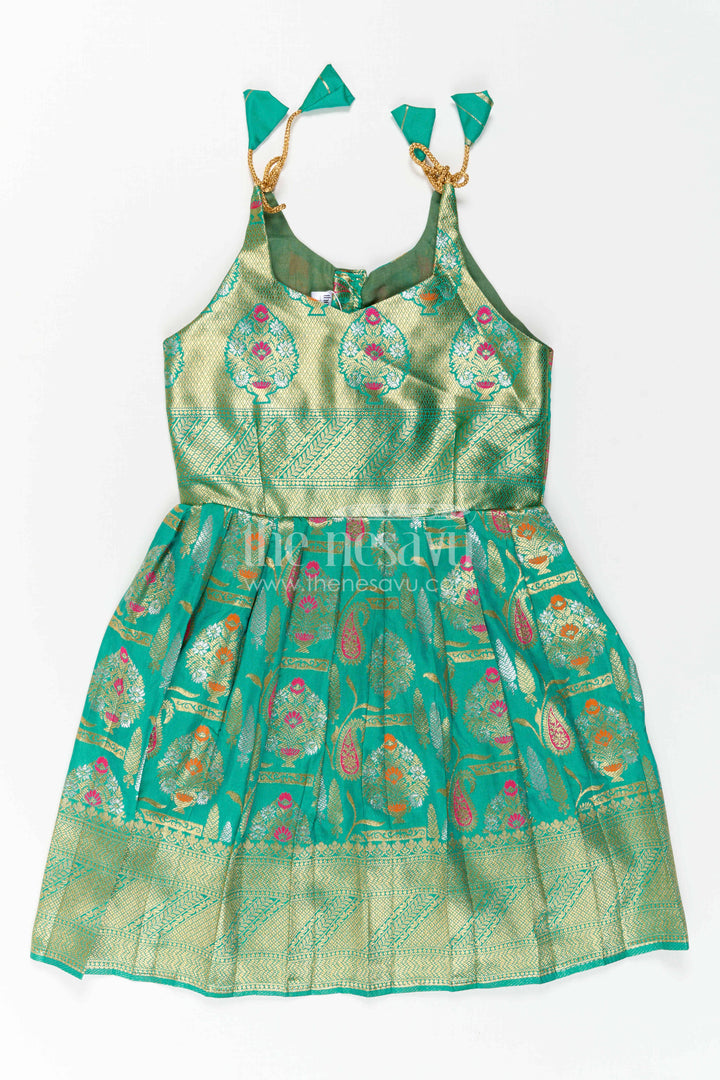 The Nesavu Girls Kanchi Silk Frock Baby Girl Kanchi Silk Frock for Weddings and Festive Occasions Nesavu 24 (5Y) / Green / Style 2 KSF041CB-24 Nesavu Baby Girl Kanchi Silk Frock With Big Border Design For Weddings And Festive Celebrations