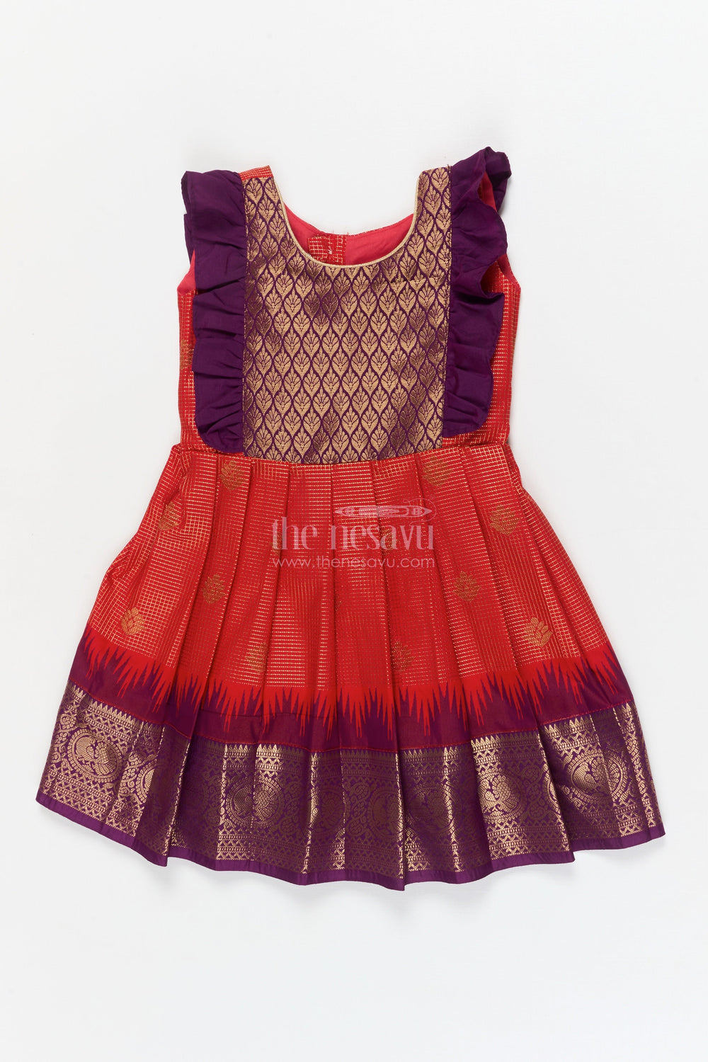 The Nesavu Girls Kanchi Silk Frock Baby Girl Kanchi Silk Frock for Weddings and Traditional Photo Shoots Nesavu 10 (NB) / Red / Style 1 KSF039AA-10 Nesavu baby girl Kanchi silk frock for weddings, poojas, and traditional photo-ready celebrations