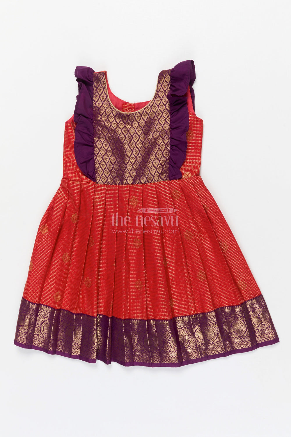 The Nesavu Girls Kanchi Silk Frock Baby Girl Kanchi Silk Frock for Weddings and Traditional Photo Shoots Nesavu 22 (4Y) / Red / Style 2 KSF039AB-22 Nesavu baby girl Kanchi silk frock for weddings, poojas, and traditional photo-ready celebrations