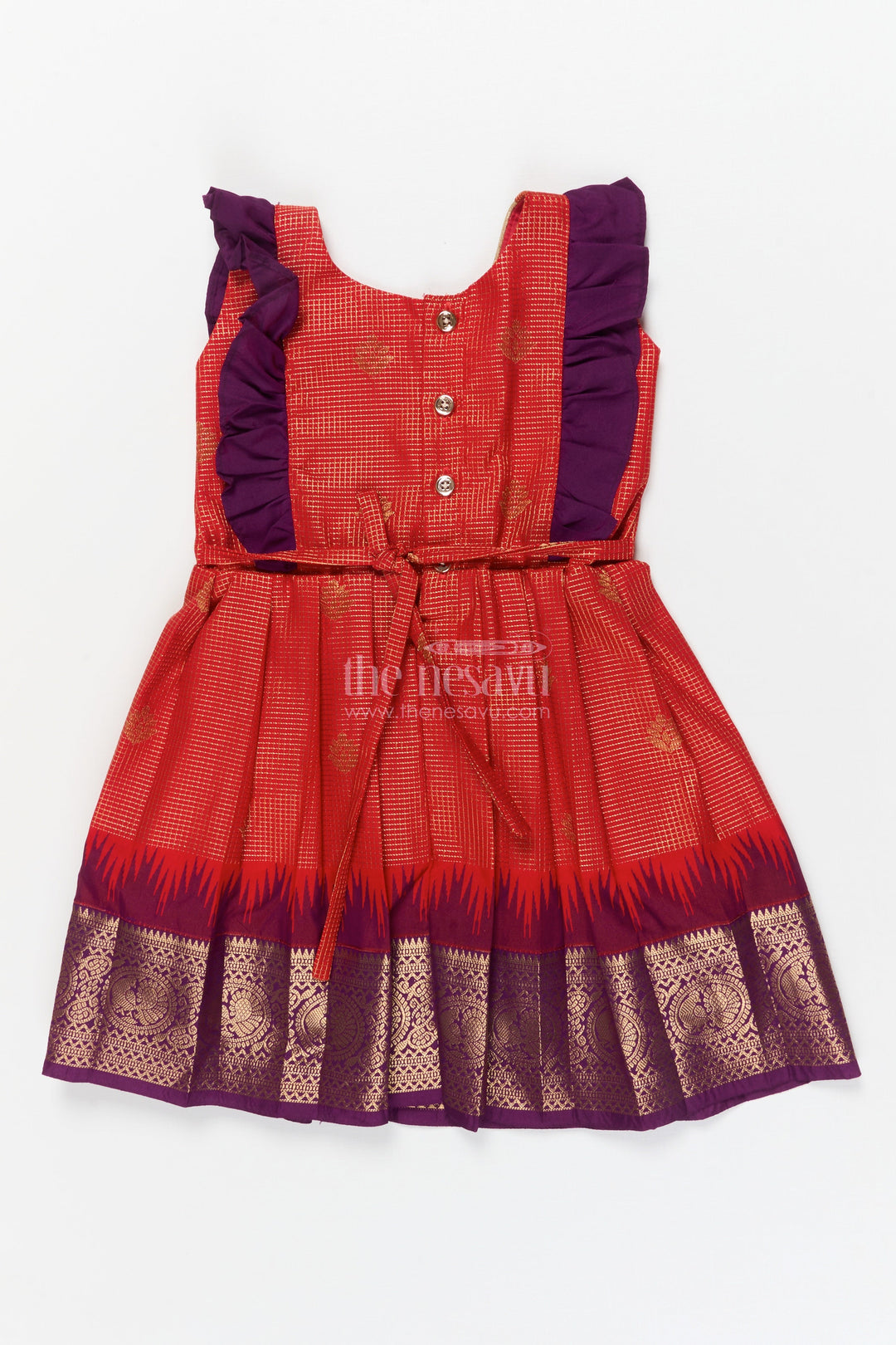 The Nesavu Girls Kanchi Silk Frock Baby Girl Kanchi Silk Frock for Weddings and Traditional Photo Shoots Nesavu Nesavu baby girl Kanchi silk frock for weddings, poojas, and traditional photo-ready celebrations