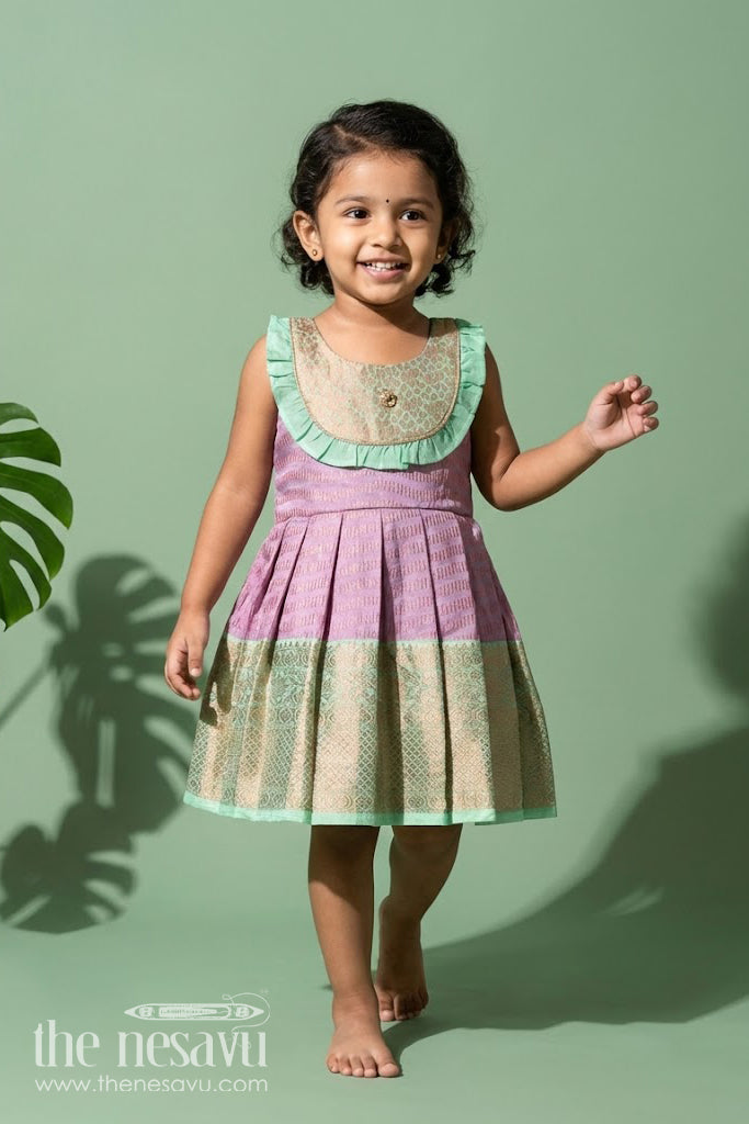The Nesavu Girls Kanchi Silk Frock Baby Girl Kanchipuram Silk Frock for Festive and Cultural Events Nesavu 16 (1Y) / Purple / Style 1 SF996EA-16 Nesavu baby girl kanchipuram silk frock in purple and green for weddings and festive wear