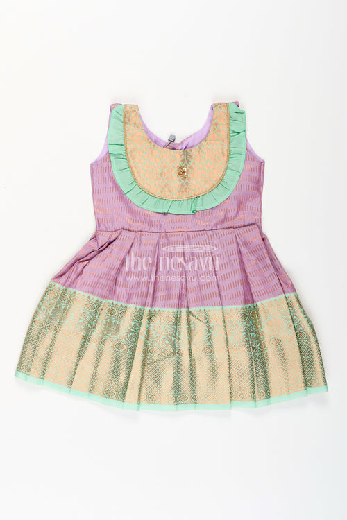 The Nesavu Girls Kanchi Silk Frock Baby Girl Kanchipuram Silk Frock for Festive and Cultural Events Nesavu 16 (1Y) / Purple / Style 1 SF996EA-16 Nesavu baby girl kanchipuram silk frock in purple and green for weddings and festive wear