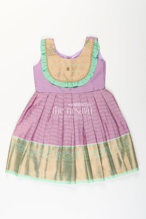 The Nesavu Girls Kanchi Silk Frock Baby Girl Kanchipuram Silk Frock for Festive and Cultural Events Nesavu 16 (1Y) / Purple / Style 2 SF996EB-16 Nesavu baby girl kanchipuram silk frock in purple and green for weddings and festive wear