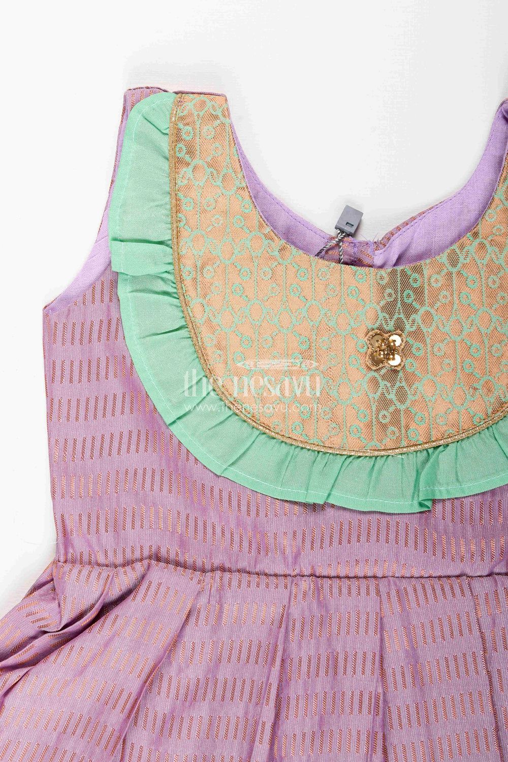 The Nesavu Girls Kanchi Silk Frock Baby Girl Kanchipuram Silk Frock for Festive and Cultural Events Nesavu Nesavu baby girl kanchipuram silk frock in purple and green for weddings and festive wear