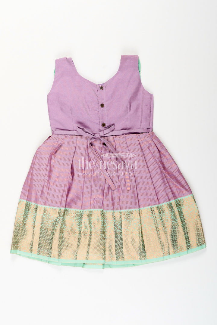 The Nesavu Girls Kanchi Silk Frock Baby Girl Kanchipuram Silk Frock for Festive and Cultural Events Nesavu Nesavu baby girl kanchipuram silk frock in purple and green for weddings and festive wear