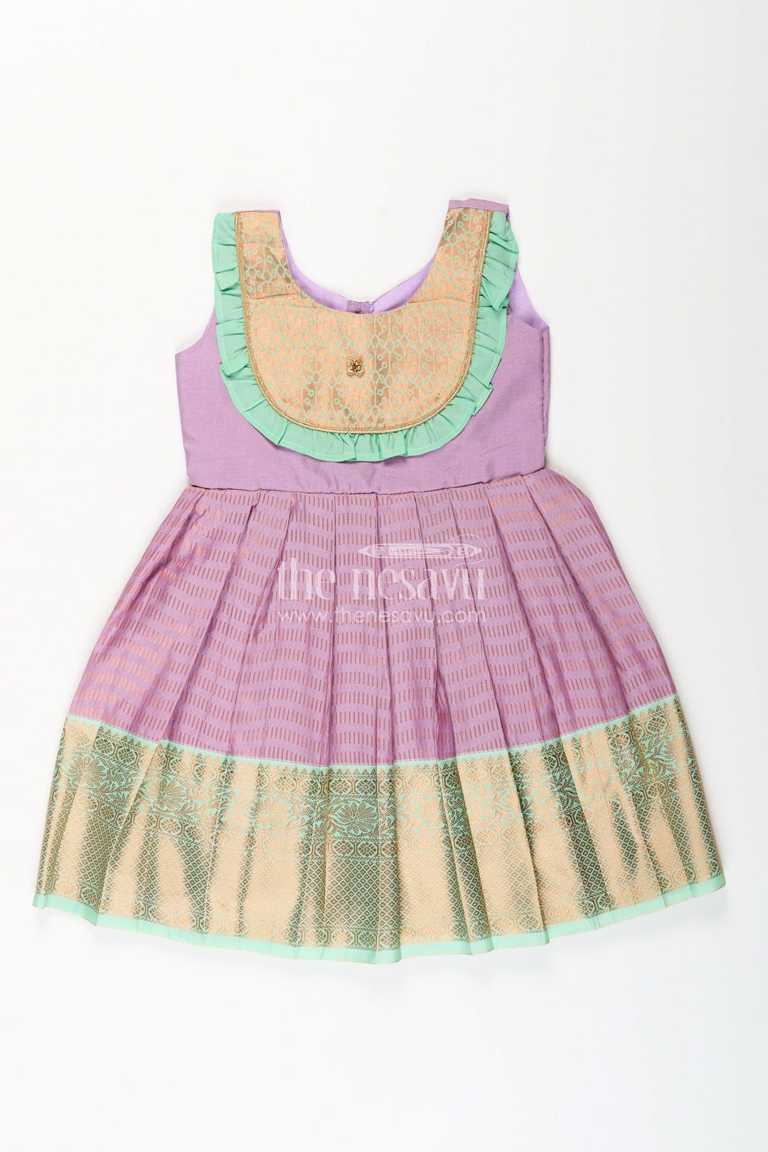 The Nesavu Girls Kanchi Silk Frock Baby Girl Kanchipuram Silk Frock for Festive and Cultural Events Nesavu Nesavu baby girl kanchipuram silk frock in purple and green for weddings and festive wear