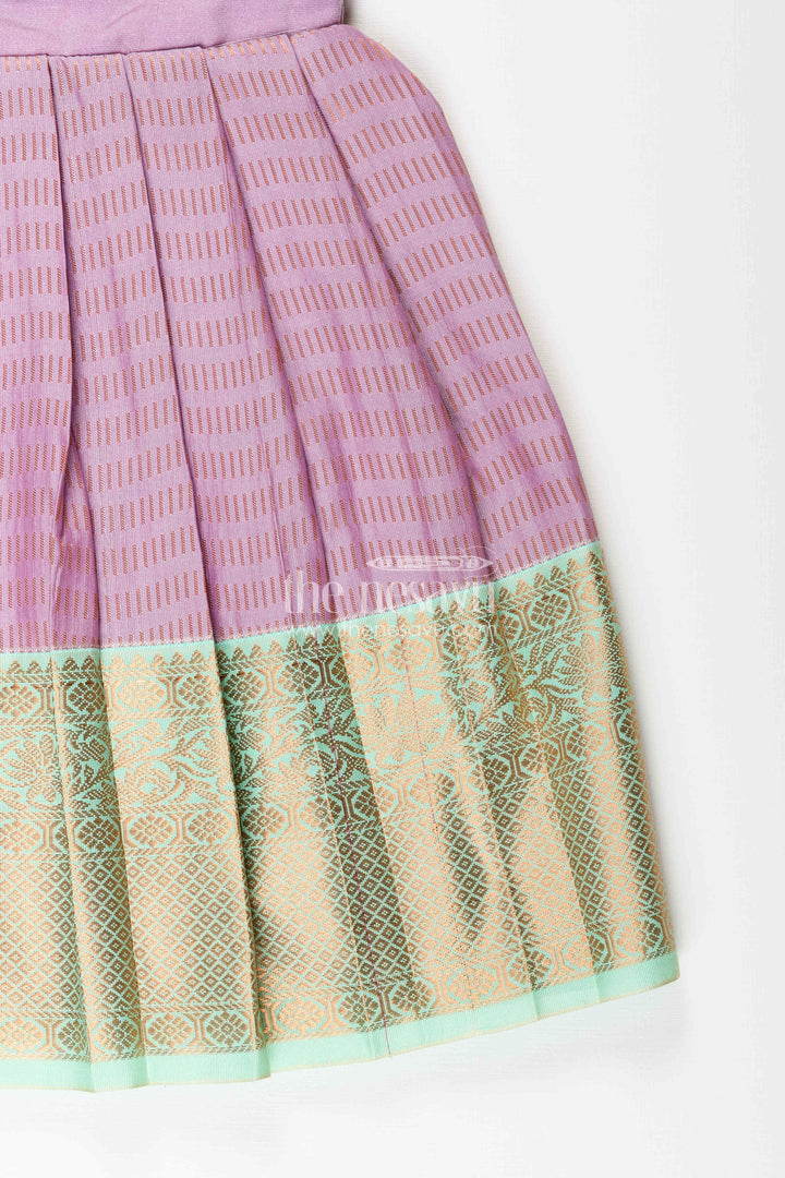 The Nesavu Girls Kanchi Silk Frock Baby Girl Kanchipuram Silk Frock for Festive and Cultural Events Nesavu Nesavu baby girl kanchipuram silk frock in purple and green for weddings and festive wear