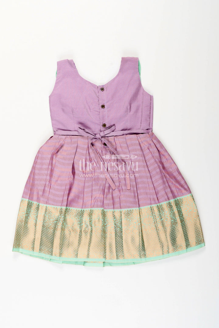 The Nesavu Girls Kanchi Silk Frock Baby Girl Kanchipuram Silk Frock for Festive and Cultural Events Nesavu Nesavu baby girl kanchipuram silk frock in purple and green for weddings and festive wear