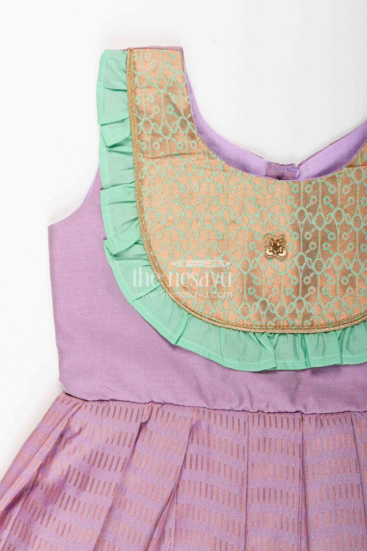 The Nesavu Girls Kanchi Silk Frock Baby Girl Kanchipuram Silk Frock for Festive and Cultural Events Nesavu Nesavu baby girl kanchipuram silk frock in purple and green for weddings and festive wear