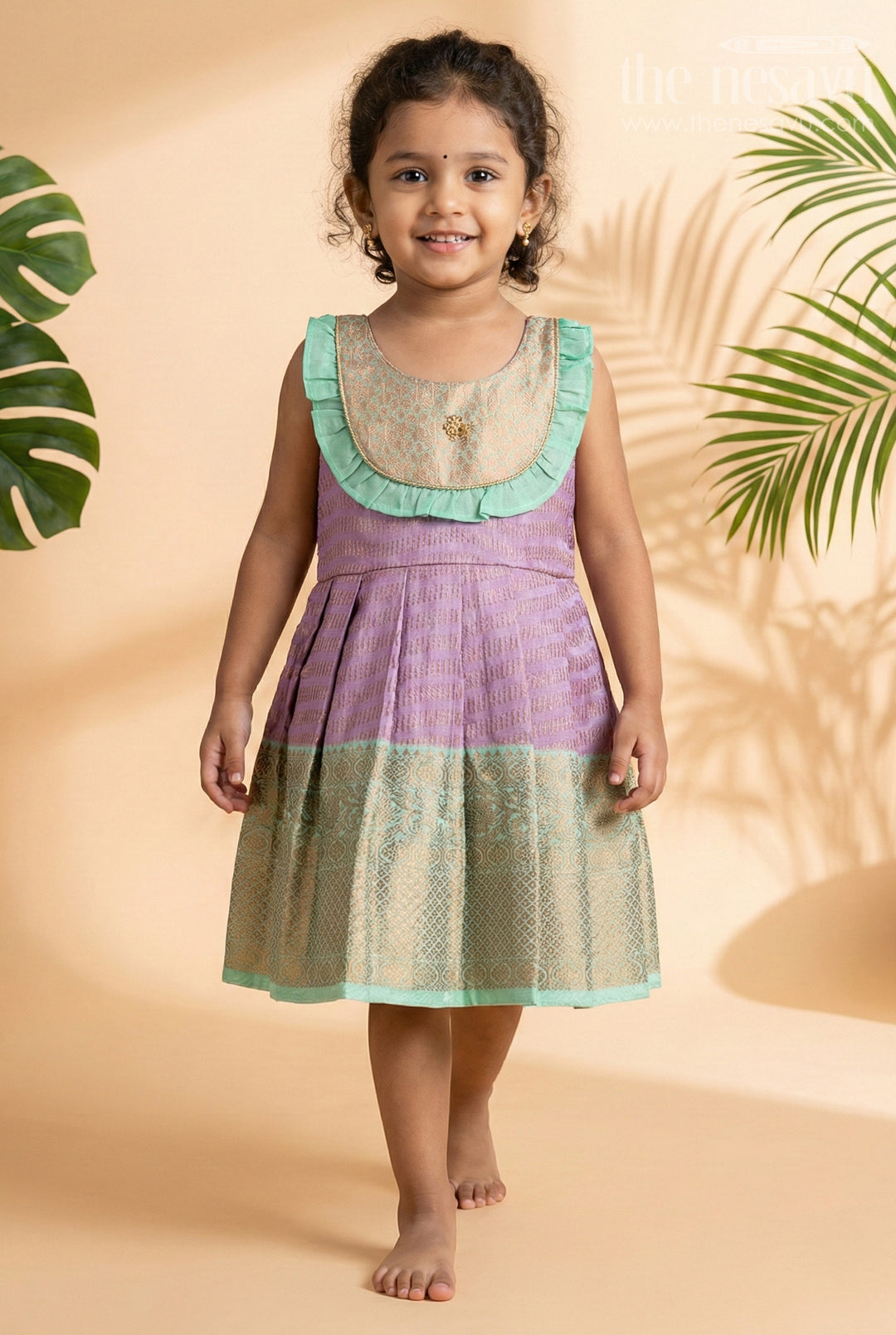 The Nesavu Girls Kanchi Silk Frock Baby Girl Kanchipuram Silk Frock for Festive and Cultural Events Nesavu Nesavu baby girl kanchipuram silk frock in purple and green for weddings and festive wear