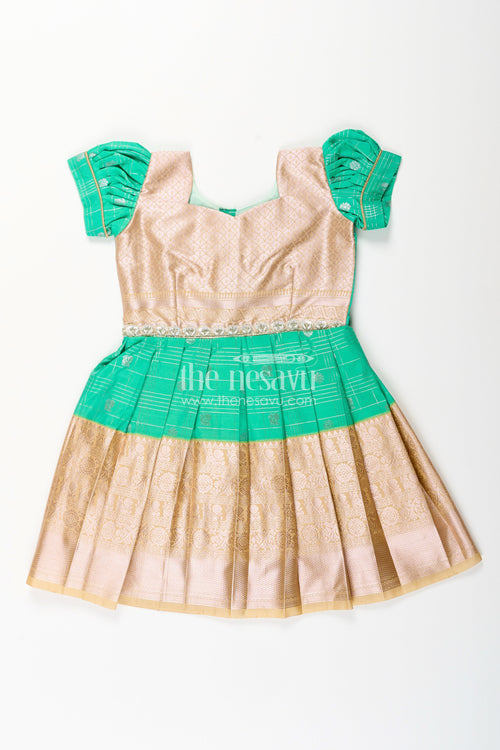 The Nesavu Girls Kanchi Silk Frock Baby Girl Kanchipuram Silk Frock for Festive and Traditional Celebrations Nesavu 14 (6M) / Green / Style 1 SF837EA-14 Nesavu baby girl kanchipuram silk frock in green and gold for weddings and festive wear
