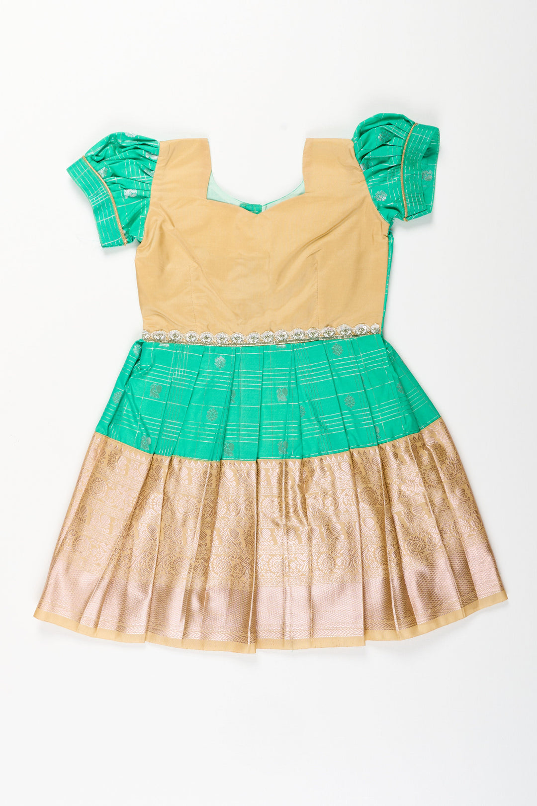 The Nesavu Girls Kanchi Silk Frock Baby Girl Kanchipuram Silk Frock for Festive and Traditional Celebrations Nesavu 14 (6M) / Green / Style 2 SF837EB-14 Nesavu baby girl kanchipuram silk frock in green and gold for weddings and festive wear