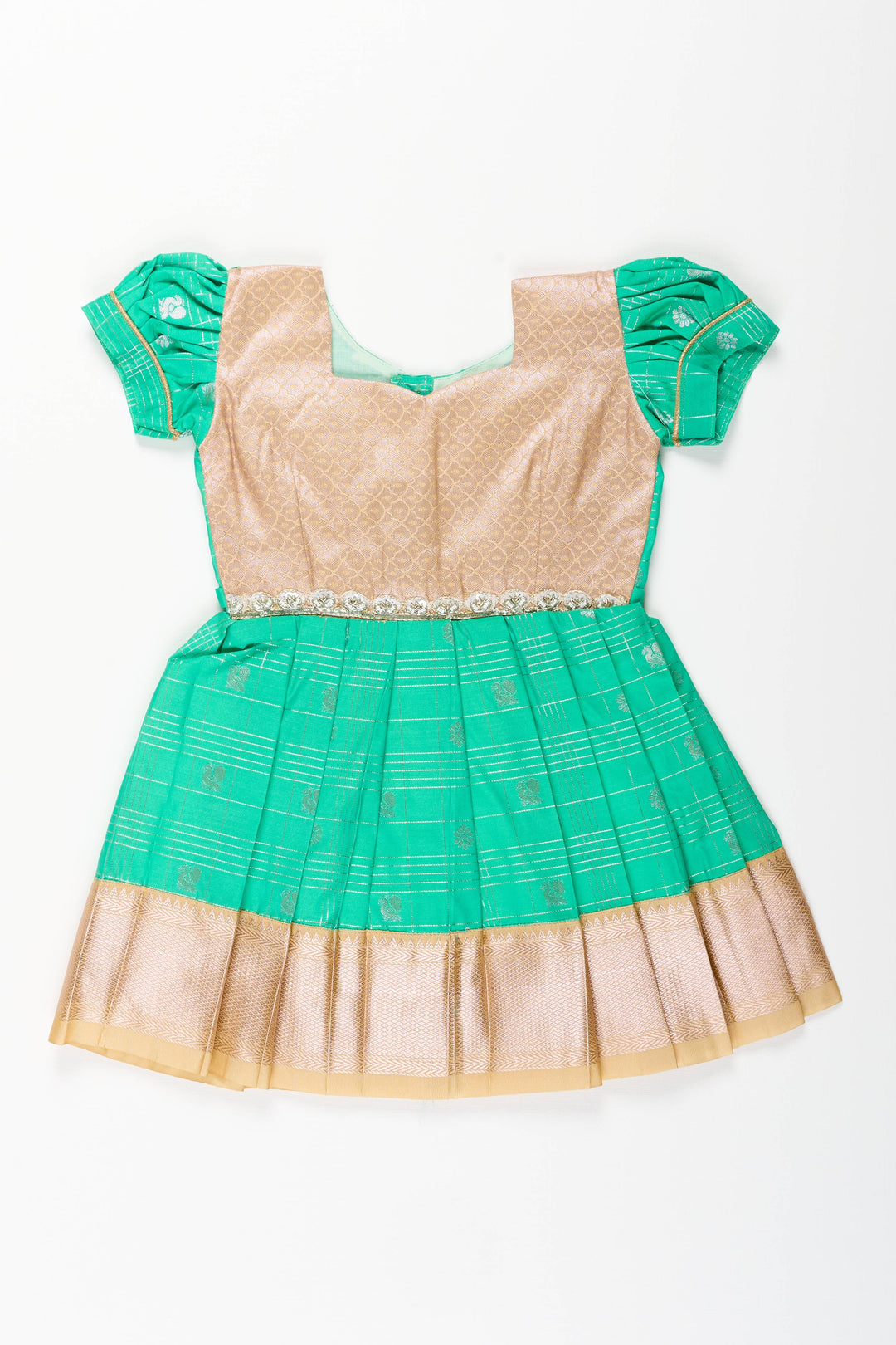 The Nesavu Girls Kanchi Silk Frock Baby Girl Kanchipuram Silk Frock for Festive and Traditional Celebrations Nesavu 14 (6M) / Green / Style 3 SF837EC-14 Nesavu baby girl kanchipuram silk frock in green and gold for weddings and festive wear