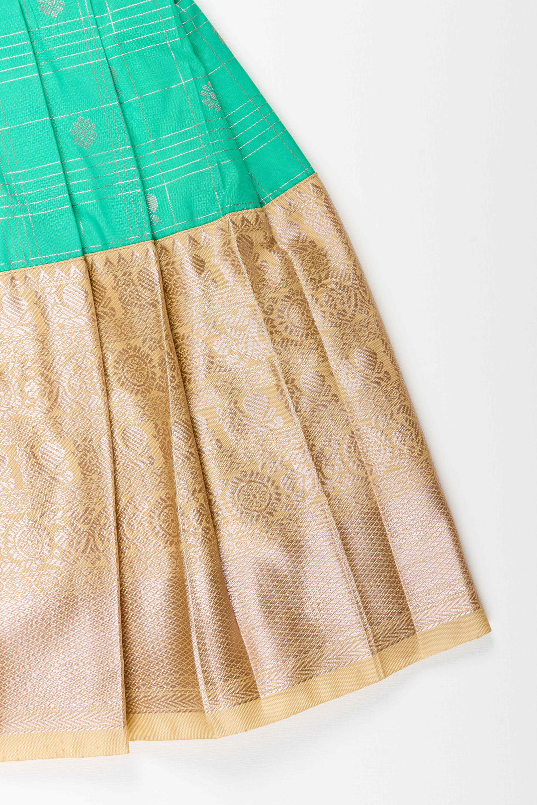 The Nesavu Girls Kanchi Silk Frock Baby Girl Kanchipuram Silk Frock for Festive and Traditional Celebrations Nesavu Nesavu baby girl kanchipuram silk frock in green and gold for weddings and festive wear