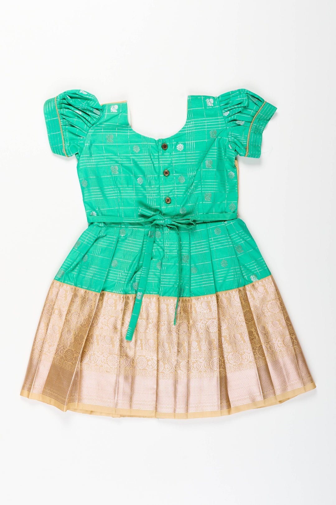The Nesavu Girls Kanchi Silk Frock Baby Girl Kanchipuram Silk Frock for Festive and Traditional Celebrations Nesavu Nesavu baby girl kanchipuram silk frock in green and gold for weddings and festive wear