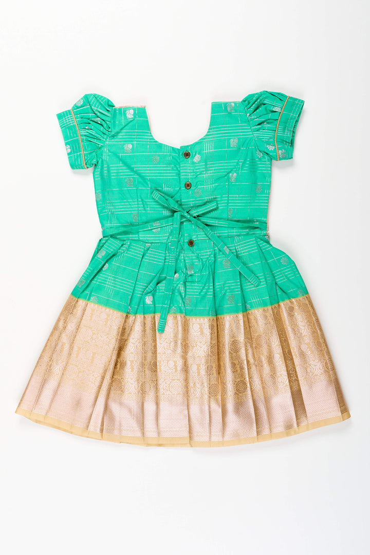 The Nesavu Girls Kanchi Silk Frock Baby Girl Kanchipuram Silk Frock for Festive and Traditional Celebrations Nesavu Nesavu baby girl kanchipuram silk frock in green and gold for weddings and festive wear