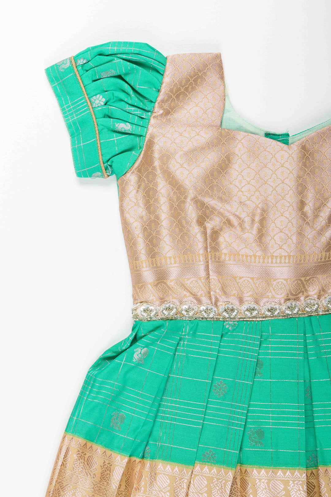 The Nesavu Girls Kanchi Silk Frock Baby Girl Kanchipuram Silk Frock for Festive and Traditional Celebrations Nesavu Nesavu baby girl kanchipuram silk frock in green and gold for weddings and festive wear