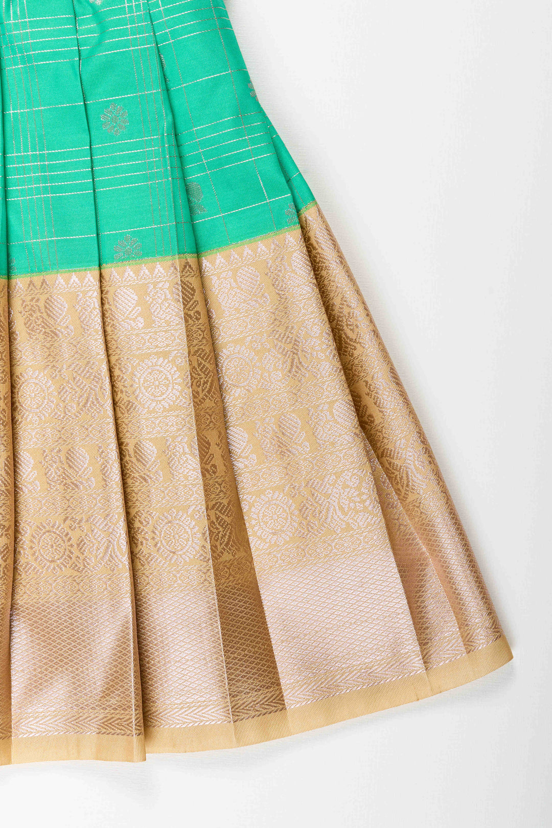The Nesavu Girls Kanchi Silk Frock Baby Girl Kanchipuram Silk Frock for Festive and Traditional Celebrations Nesavu Nesavu baby girl kanchipuram silk frock in green and gold for weddings and festive wear