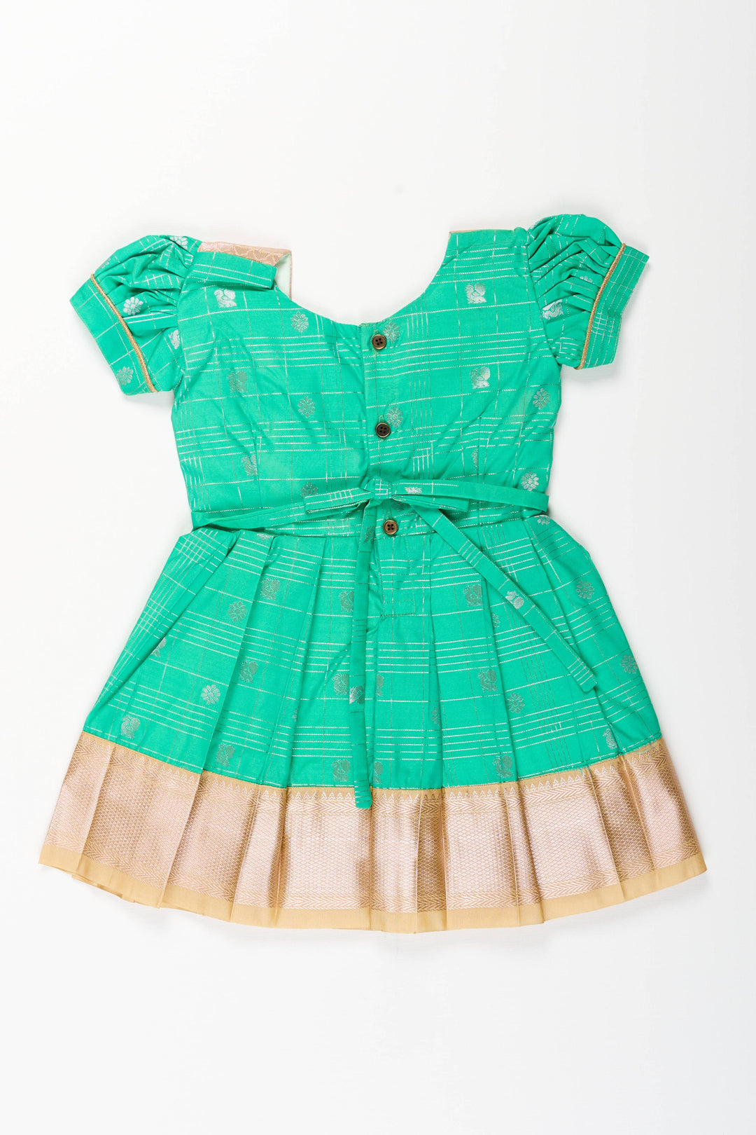 The Nesavu Girls Kanchi Silk Frock Baby Girl Kanchipuram Silk Frock for Festive and Traditional Celebrations Nesavu Nesavu baby girl kanchipuram silk frock in green and gold for weddings and festive wear