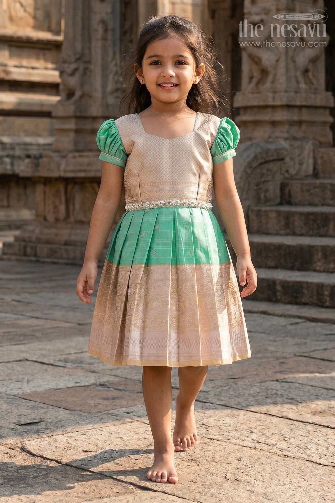 The Nesavu Girls Kanchi Silk Frock Baby Girl Kanchipuram Silk Frock for Festive and Traditional Celebrations Nesavu Nesavu baby girl kanchipuram silk frock in green and gold for weddings and festive wear