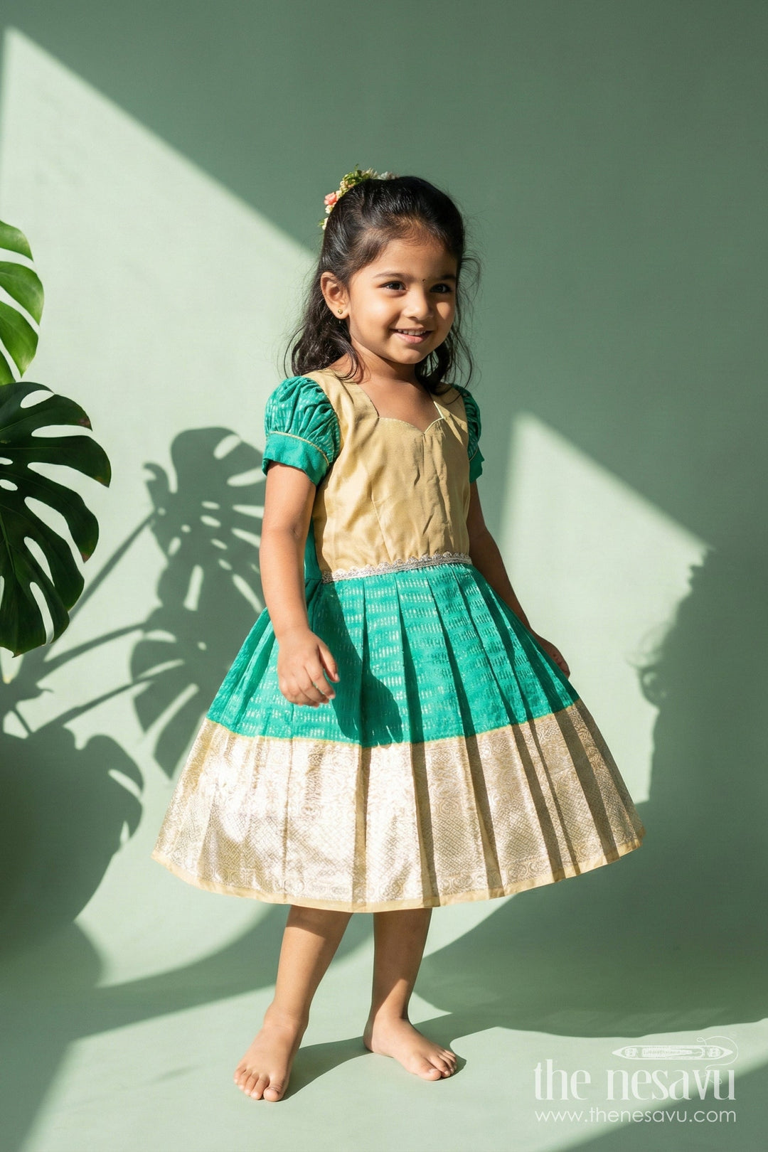 The Nesavu Girls Kanchi Silk Frock Baby Girl Kanchipuram Silk Frock for Festive and Wedding Celebrations Nesavu Nesavu baby girl kanchipuram silk frock in green and gold for weddings and traditional events