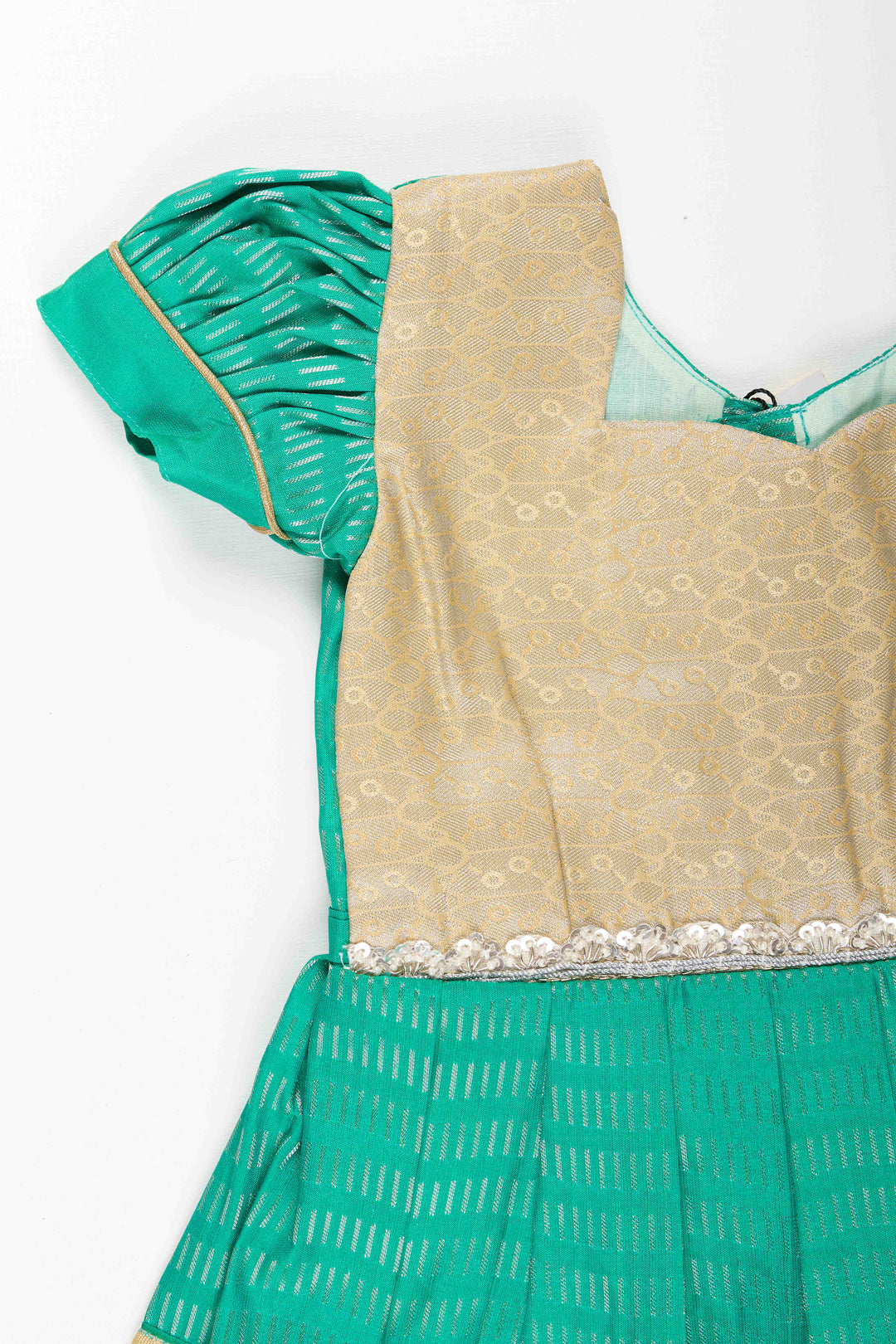 The Nesavu Girls Kanchi Silk Frock Baby Girl Kanchipuram Silk Frock for Festive and Wedding Celebrations Nesavu Nesavu baby girl kanchipuram silk frock in green and gold for weddings and traditional events