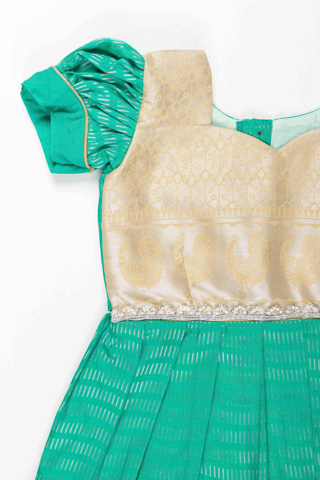 The Nesavu Girls Kanchi Silk Frock Baby Girl Kanchipuram Silk Frock for Festive and Wedding Celebrations Nesavu Nesavu baby girl kanchipuram silk frock in green and gold for weddings and traditional events