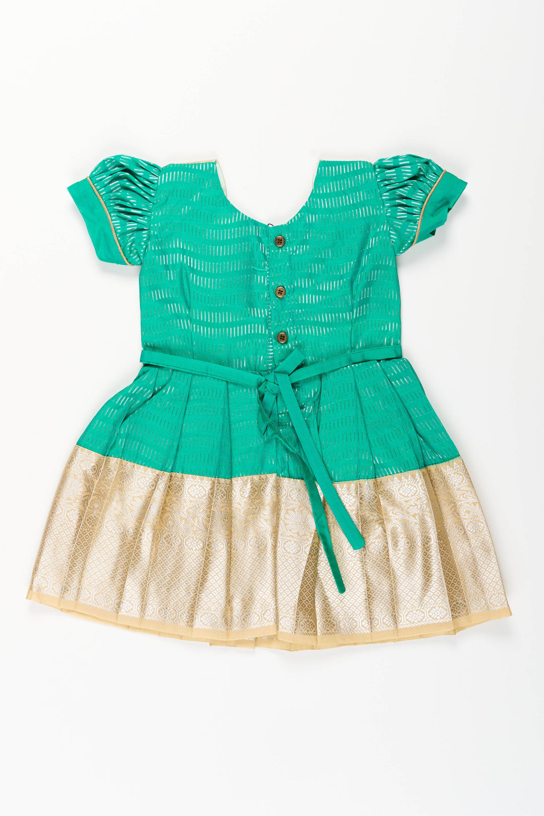 The Nesavu Girls Kanchi Silk Frock Baby Girl Kanchipuram Silk Frock for Festive and Wedding Celebrations Nesavu Nesavu baby girl kanchipuram silk frock in green and gold for weddings and traditional events