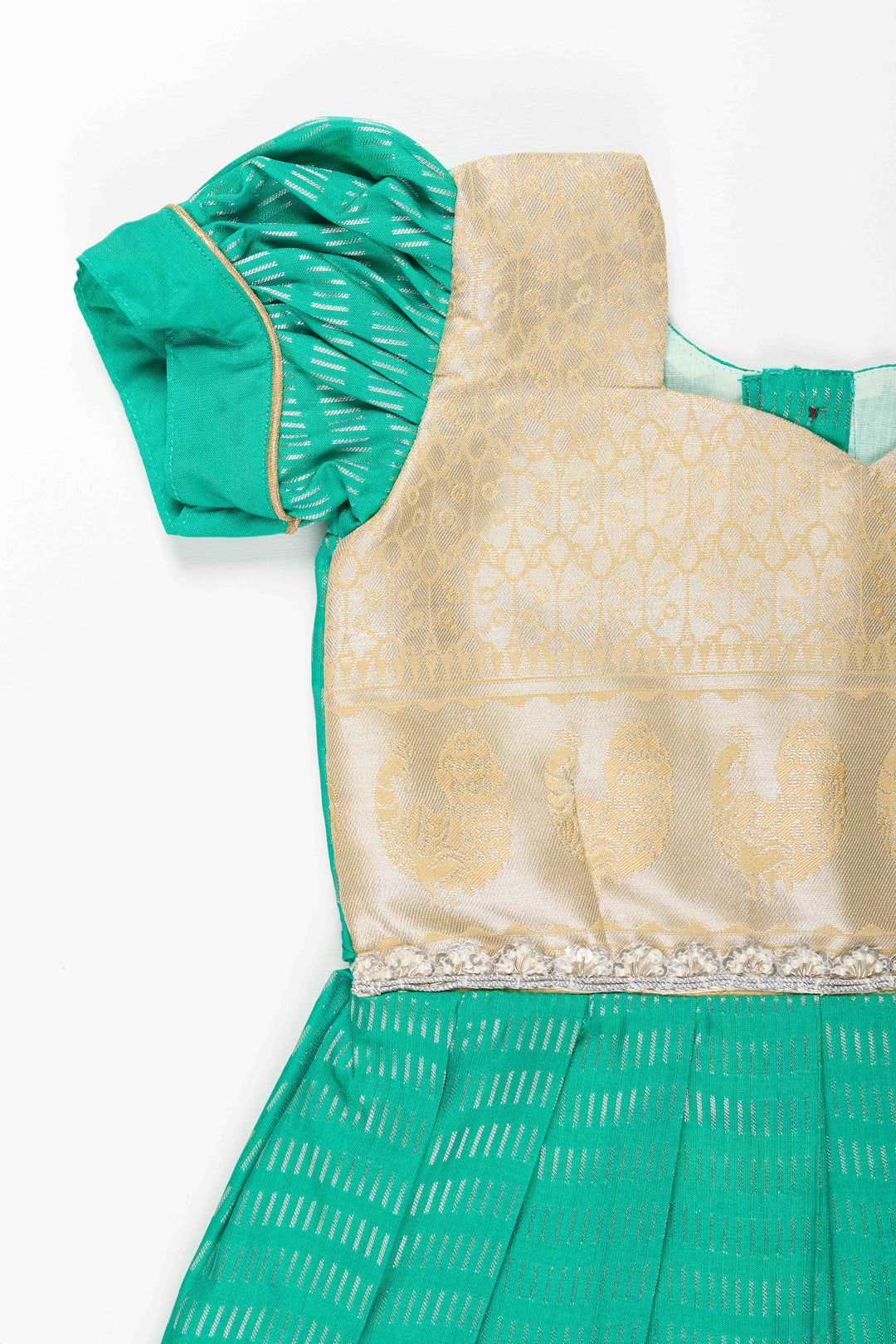 The Nesavu Girls Kanchi Silk Frock Baby Girl Kanchipuram Silk Frock for Festive and Wedding Celebrations Nesavu Nesavu baby girl kanchipuram silk frock in green and gold for weddings and traditional events