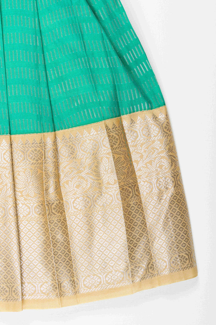 The Nesavu Girls Kanchi Silk Frock Baby Girl Kanchipuram Silk Frock for Festive and Wedding Celebrations Nesavu Nesavu baby girl kanchipuram silk frock in green and gold for weddings and traditional events