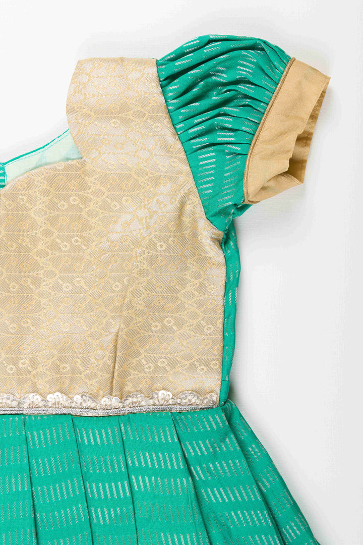 The Nesavu Girls Kanchi Silk Frock Baby Girl Kanchipuram Silk Frock for Festive and Wedding Celebrations Nesavu Nesavu baby girl kanchipuram silk frock in green and gold for weddings and traditional events