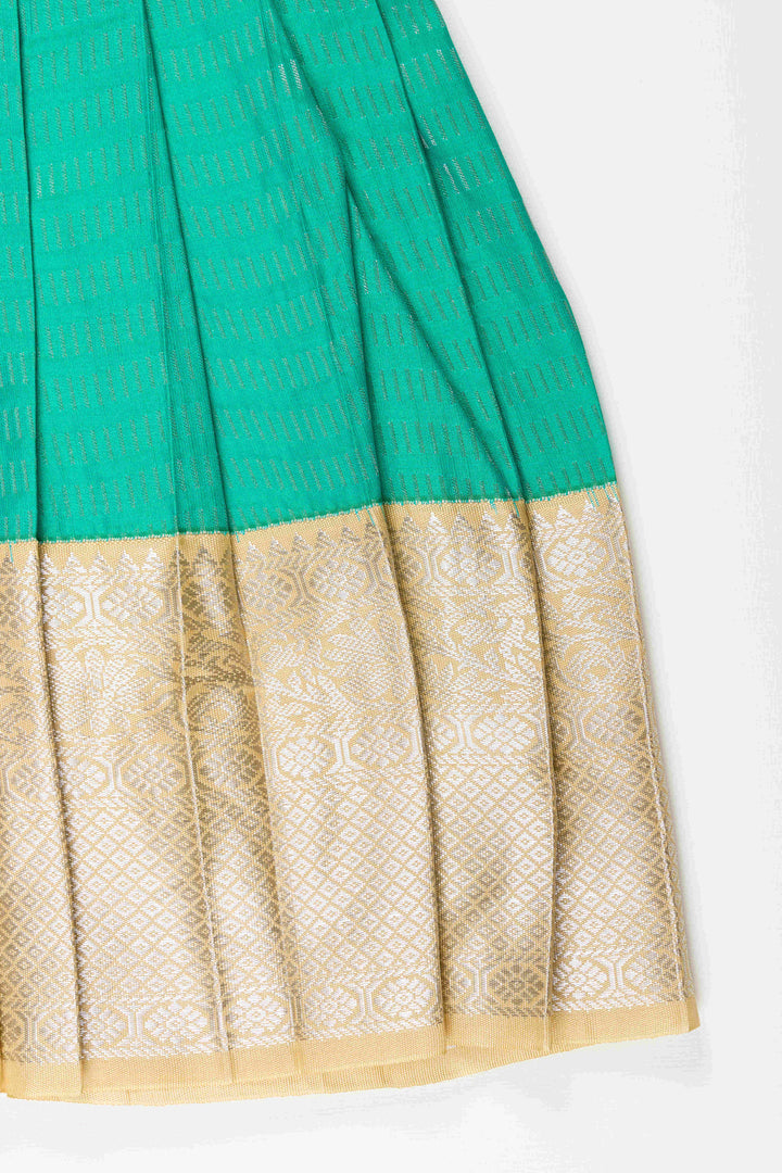 The Nesavu Girls Kanchi Silk Frock Baby Girl Kanchipuram Silk Frock for Festive and Wedding Celebrations Nesavu Nesavu baby girl kanchipuram silk frock in green and gold for weddings and traditional events
